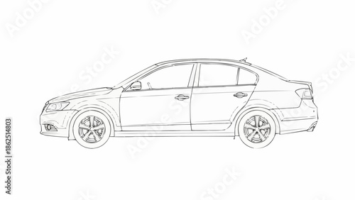 Detailed Line Art of a Sleek Sedan Car Design.