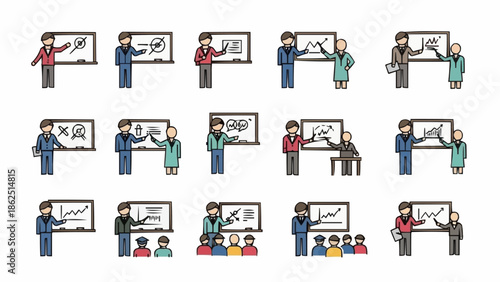 Illustrations of business professionals presenting data on whiteboards, showcasing teamwork and communication.