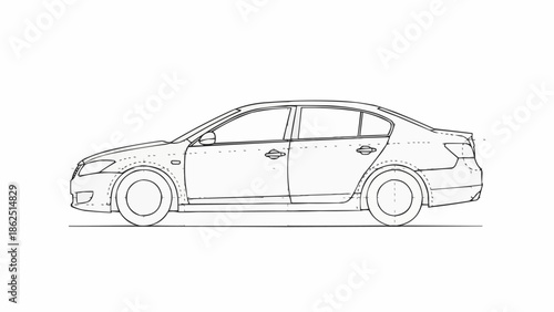 Detailed Line Art of a Modern Sedan Car.