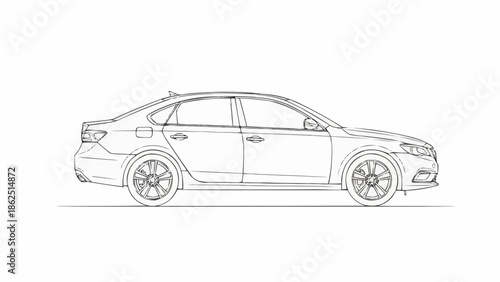 Detailed Line Art Illustration of a Modern Sedan Car.