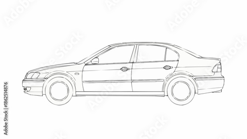 Detailed Line Art Illustration of a Sedan Car.
