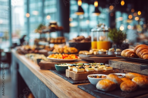 Breakfast buffet with assorted pastries, fruits, and juice in a modern hotel. Use for travel blogs, food articles, or hotel advertisements.