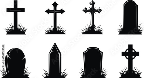 Set of Grave Marker Silhouettes with Crosses and Tombstones for Cemetery, Halloween, Gothic Art, and Memorial Design Use