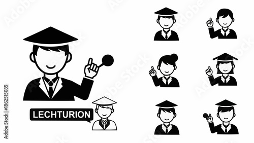 Graduation Icon Set - Lecturions in Academic Regalia with Mortarboards and Tassels.