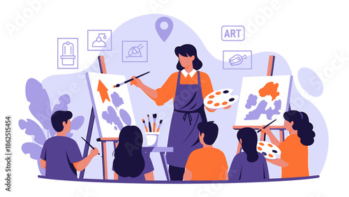 Art class with teacher instructing students painting.