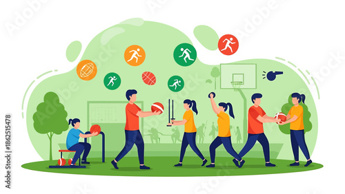 Diverse group of people playing various sports outdoors.