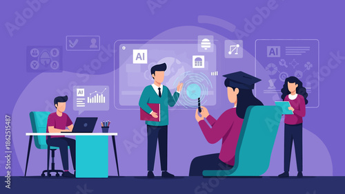 Diverse group of students and teacher in a modern classroom setting.