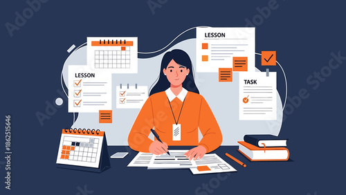 Woman diligently working at her desk surrounded by planning documents.