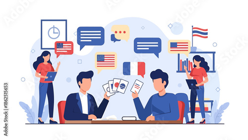 Two men playing cards with flags and speech bubbles.