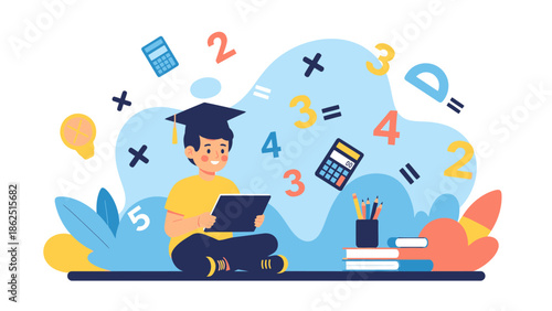 Young student in graduation cap studying mathematics with digital tablet.