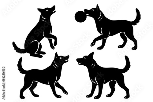 set of Dog playing with ball silhouette vector illustration isolated on white background
