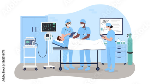 Medical team in blue scrubs attending to a patient on an operating table in a hospital room with medical equipment.