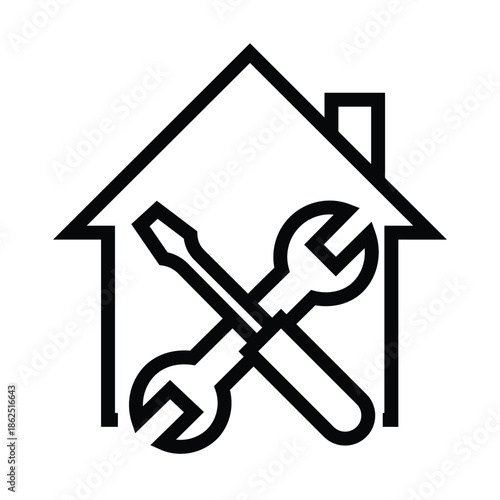 Minimal line icon of a house with a screwdriver symbolizing home repair maintenance and technical service