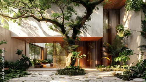 Modern House Facade Minimalist White-Plaster Dark-Wood Brazilian Tropical Geometry Solitary Tree Soft Daylight Elegant Design Luxurious Serenity (AI-Generated)