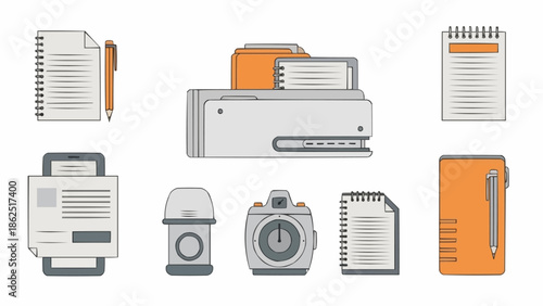 Office Supplies and Equipment Illustration Set for Creative Projects.