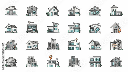 Collection of House Icons in Doodle Style.