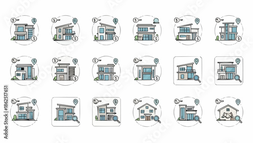 Collection of Modern House Icons with Location Pins and Search Magnifiers.