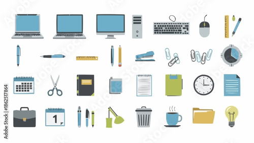 Office Supplies and Equipment Flat Vector Illustration Set.