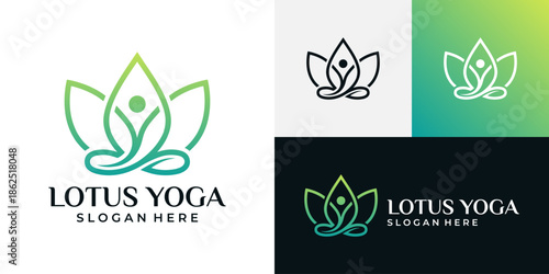 Minimalist Meditation logo design illustration. Inspiration vector symbol yoga with lotus flowers icon design template