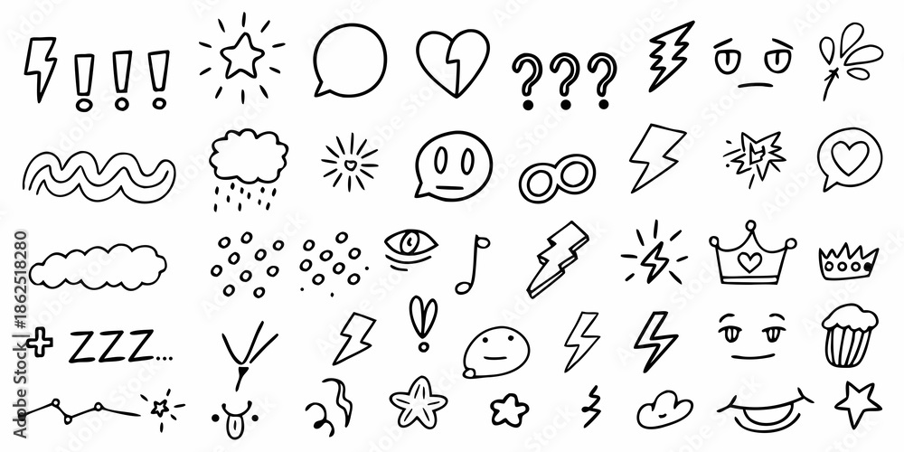 Fototapeta premium Collection of doodle style icons and symbols in black and white sketch