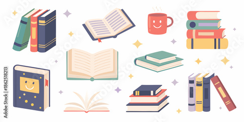 A collection of books an open book coffee and reading accessories