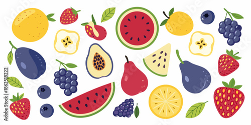 Colorful assortment of fresh fruits including citrus berries and tropical delights