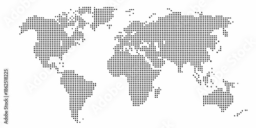 A dotted world map illustration showcasing continents and oceans in a minimalist style