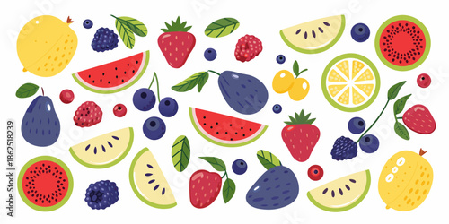 A colorful assortment of fresh fruits including berries citrus and melons