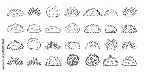 Collection of hand drawn bushes and grass clumps in black and white