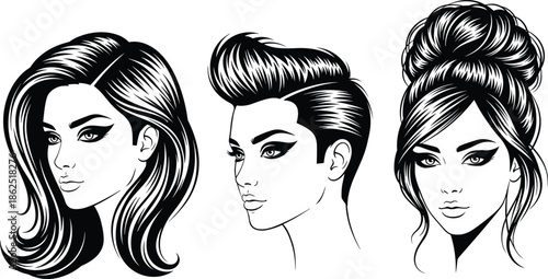 Set of Hand Drawn Vector Illustrations of Beautiful Woman Faces with Different Fashion Hairstyles Isolated on White Background