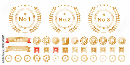Golden laurel wreaths and ribbons displaying rankings from one to nine