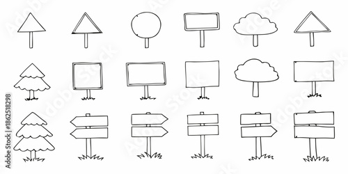 A collection of simple hand drawn shapes and directional signs in black and white