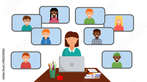 Illustration of a woman video conferencing with multiple people on her laptop in a home office setting.