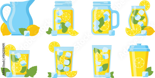 Set of Lemonade Containers with Ice, Mint, and Lemon Slices in Summer Drink Glasses, Jars, Pitcher, and Shaker Illustration