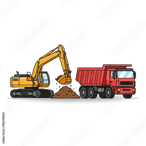 Heavy construction machinery excavator loading soil into a red dump truck in a detailed industrial