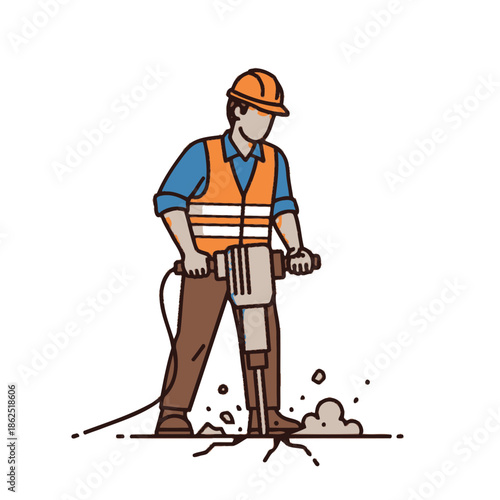 Construction worker operating jackhammer on a construction site demonstrating safety gear and