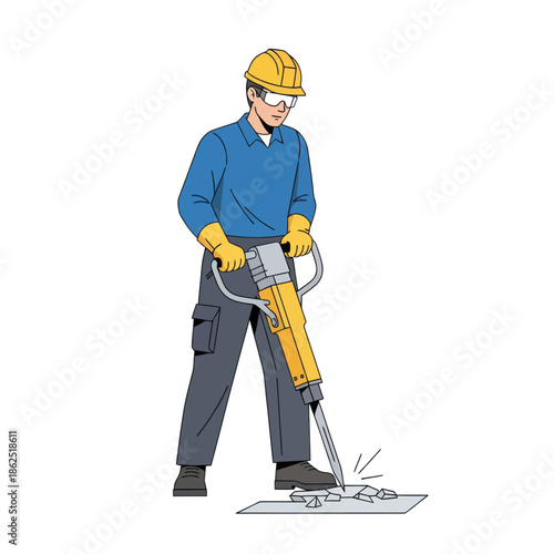 Illustration of a construction worker operating a jackhammer on a job site focusing on safety gear
