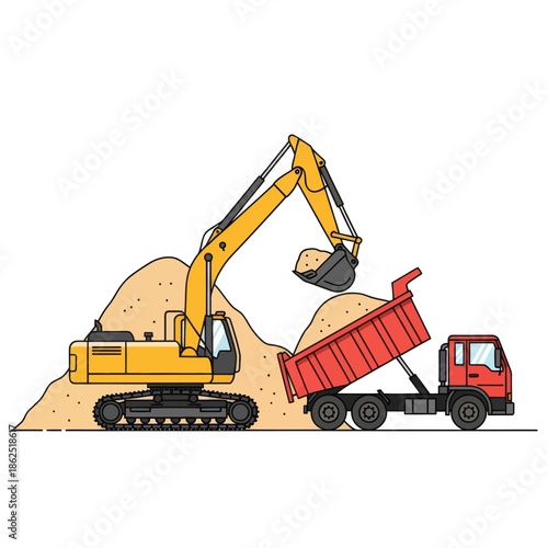 Construction Excavator Loading Sand into a Red Dump Truck for Building Sites