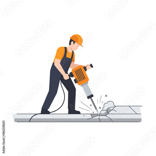 Construction Worker Drilling into Concrete Surface with Safety Helmet and Work Attire