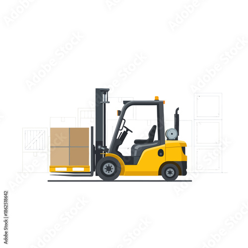 yellow forklift lifting and transporting large boxes in warehouse setting with safety equipment