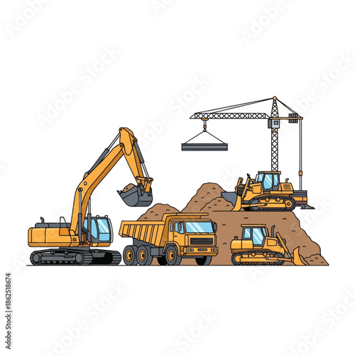 Construction site with excavators, bulldozer, and crane actively moving earth and building