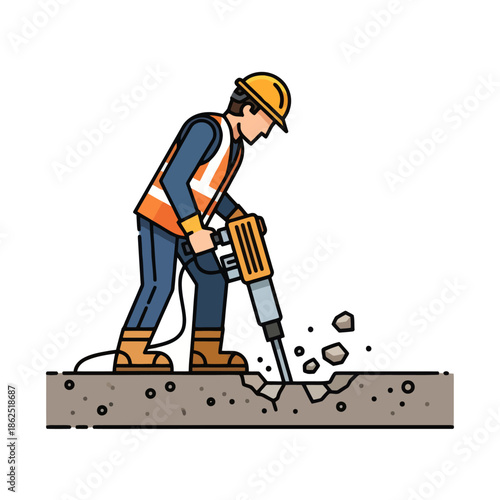 Illustration of a construction worker using a jackhammer on the ground emphasizing manual labor