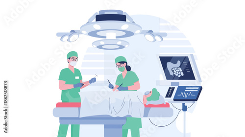 Illustration of two surgeons in green scrubs operating on a patient in a modern operating room with medical equipment.