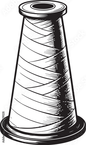 Industrial thread cone - Textile Industry Hand-drawn Sketch Drawing Vector Illustration, Line Linear Symbol Engraving Coloring Book, Black and White Isolated