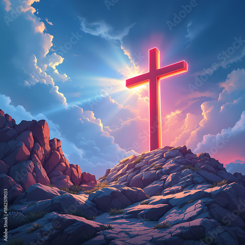A wooden cross on a hill at sunset glowing beneath a blue sky