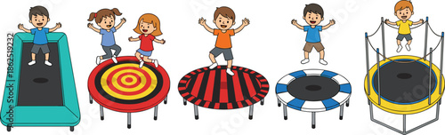 Set of happy children jumping high and playing on various fun trampolines, including rectangular, round, and safety net designs vector illustration.