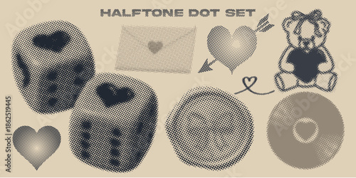 Y2K Love Element Set with Halftone Gradient Featuring CD Disk, Love Letter, Heart Dice, Teddy Bear Hugging Heart and Bow-Tied Coin