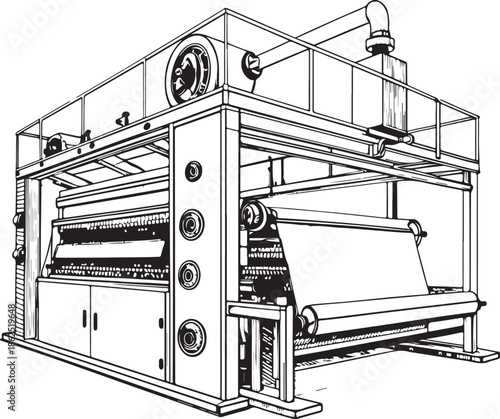 Textile dyeing machine in Textile Industry Hand-drawn Sketch Drawing Vector Illustration, Line Linear Symbol Engraving Coloring Book, Black and White Isolated