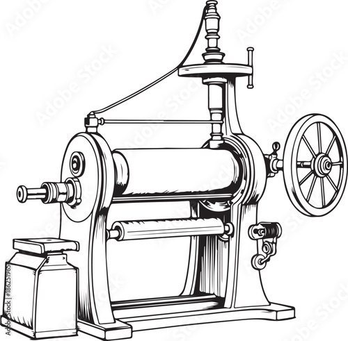 Textile spinning machine in Textile Industry Hand-drawn Sketch Drawing Vector Illustration, Line Linear Symbol Engraving Coloring Book, Black and White Isolated