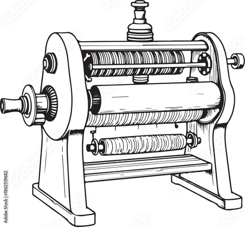 Textile spinning machine - Textile Industry Hand-drawn Sketch Drawing Vector Illustration, Line Linear Symbol Engraving Coloring Book, Black and White Isolated